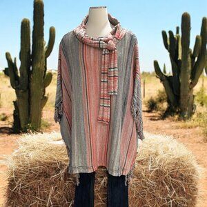 Sparrow Striped Knit Poncho Small Fringe Boho Western Cottagecore Cozy Fall Laye